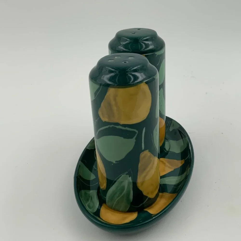 Anthropologie Holly and Pear Salt and Pepper Shakers With Ceramic Tray NEW